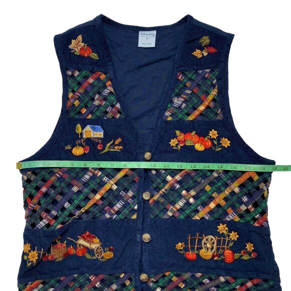 CASCADE BLUES Corduroy Woven Lattice Harvest Autumn Vest Medium Women Embroidery - Picture 7 of 8